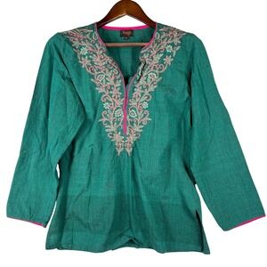 Womens XL Embroidered Tunic Top Boho Linen Look Green Pink Peasant Festival